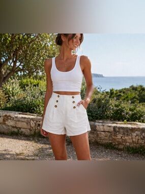White Linen Sailor Button High Waist Shorts Summer Coastal Chic [000279]]